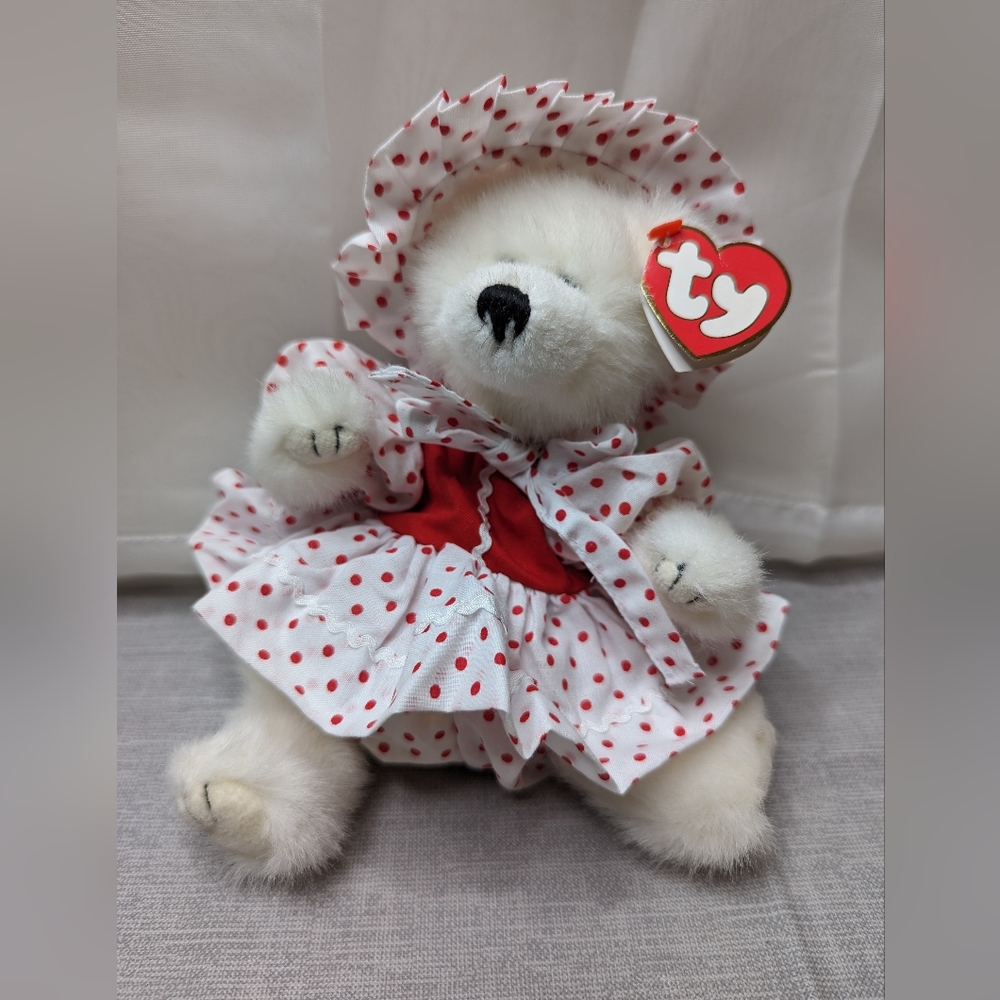 1993 TY Amore White Polar Bear With All My Heart Red Polka Dot Outfit Plush Toy